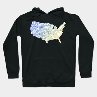 Colorful mandala art map of the United States of America in blue and yellow on white background Hoodie